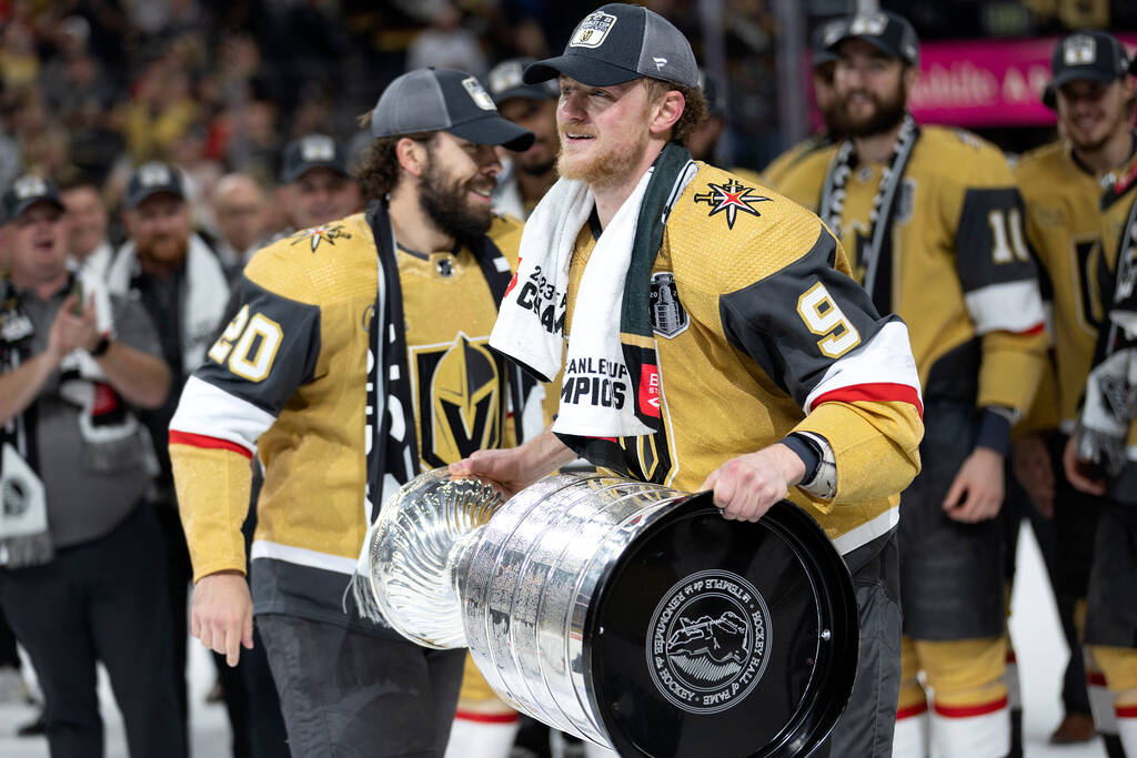 Golden Knights center Jack Eichel (9) skates with the Stanley Cup after defeating the Florida P ...