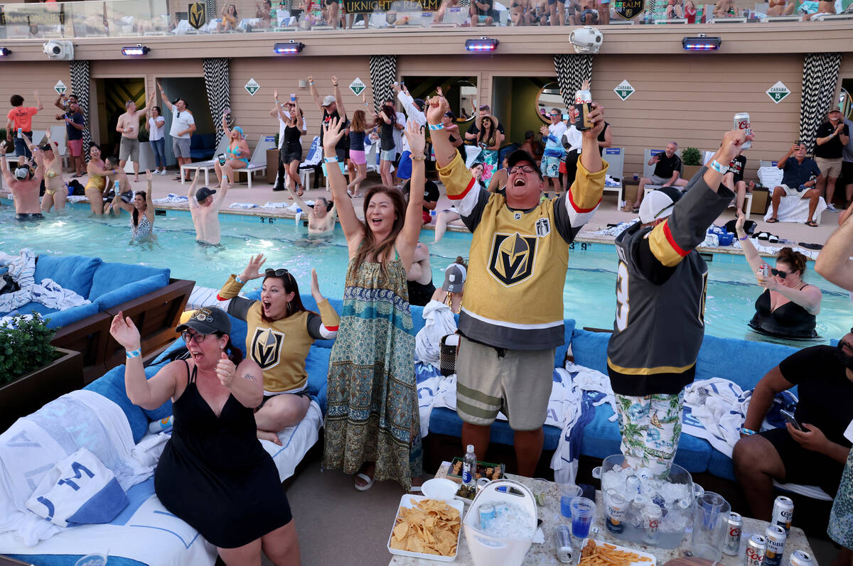 Golden Knights fans cheer at Stadium Swim at Circa in downtown Las Vegas as their team wins the ...