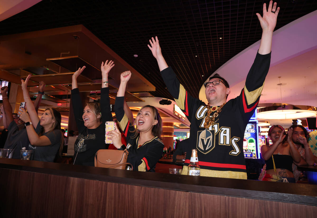 Golden Knights fans cheer at Circa in downtown Las Vegas as their team is presented the Stanley ...