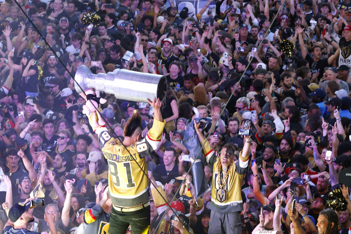 Golden Knights fans celebrate their team’s Stanley Cup win against the Florida Panthers outsi ...