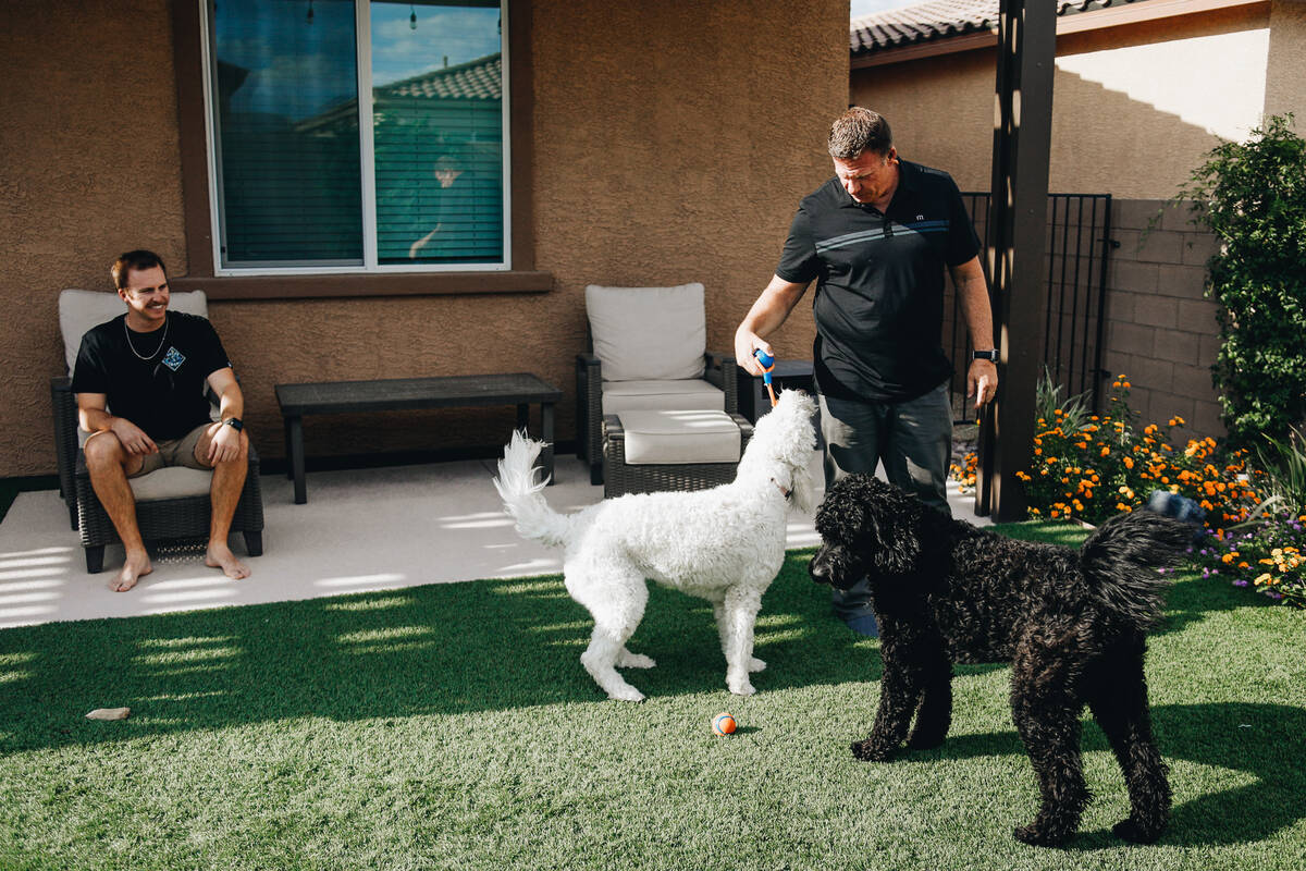 Cole Schaefer, 22, left, watches his dad, Brett Schaefer, play with their family dogs on Thursd ...