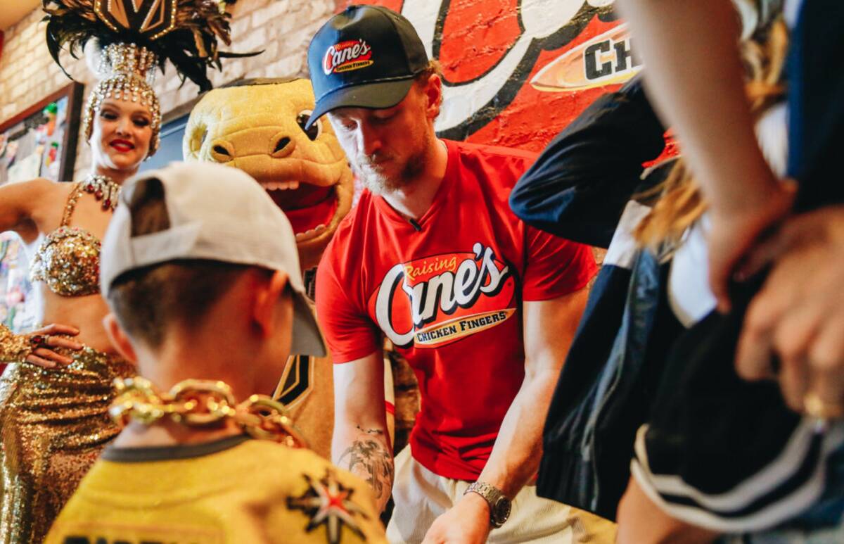 Golden Knights center Jack Eichel signs a hat for a fan on Friday, June 16, 2023, inside of Rai ...