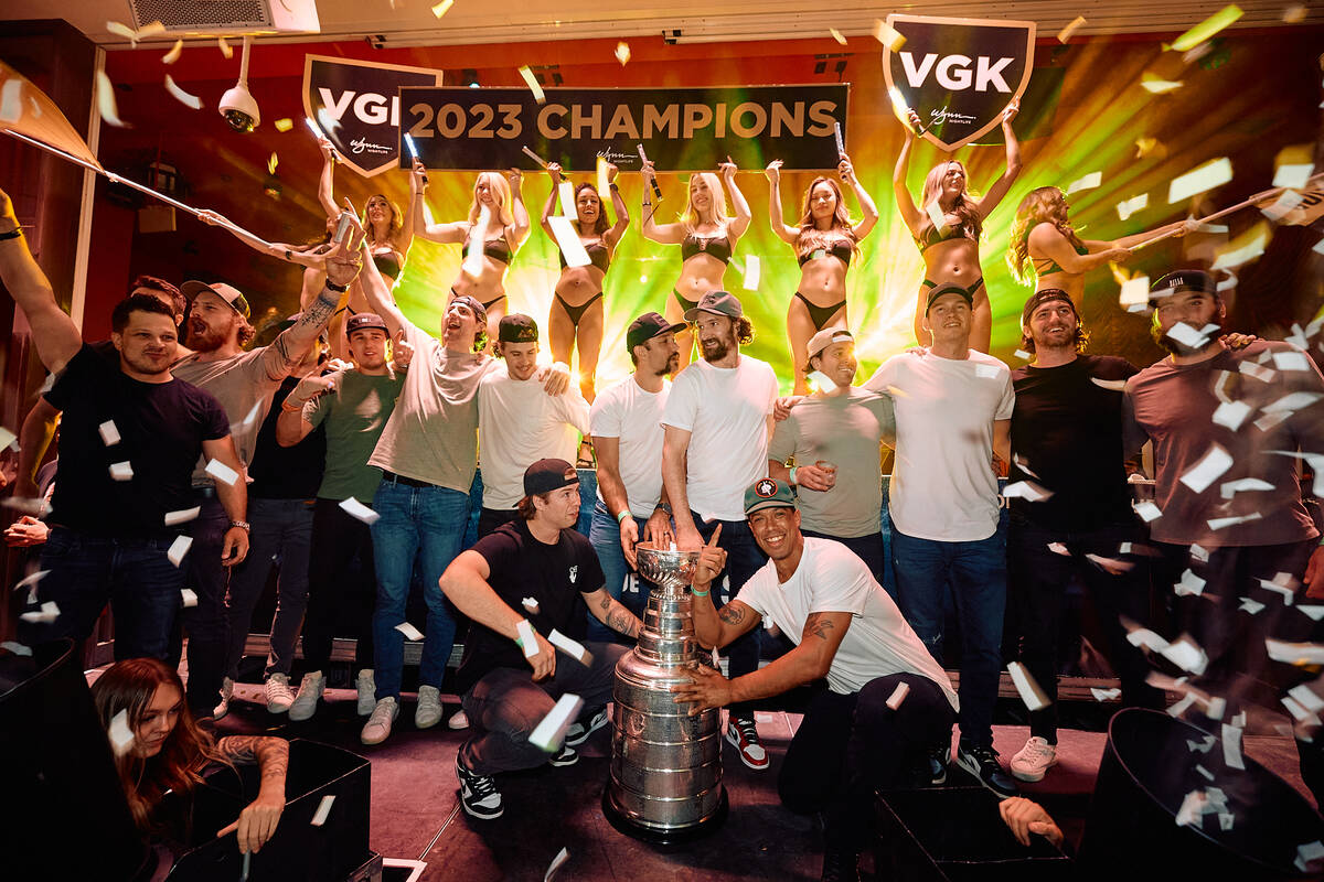 The Stanley Cup champion Golden Knights are shown at Encore Beach Club at Night at Wynn Las Veg ...