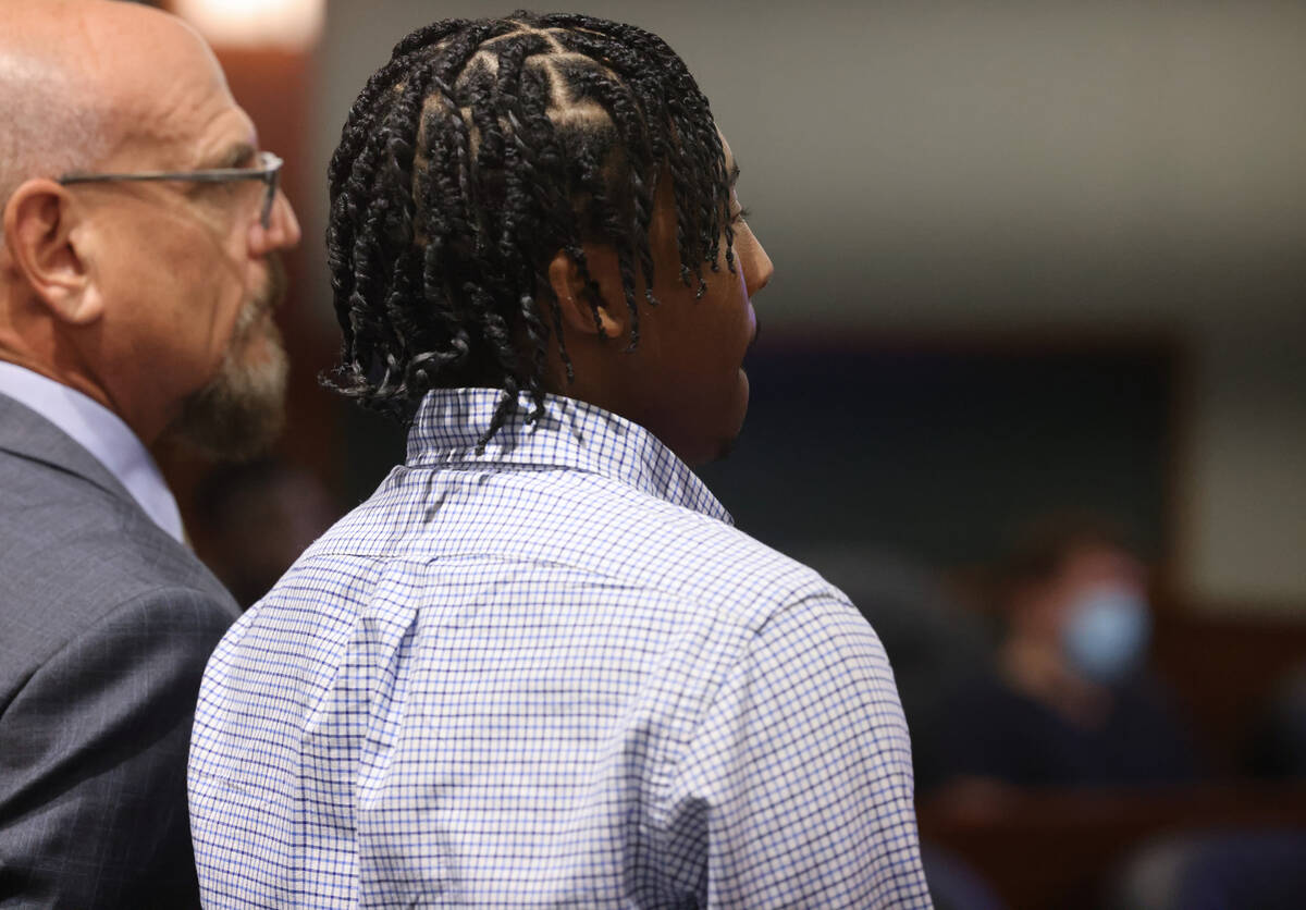 UNLV basketball recruit Zaon Collins, right, appears in court with his attorney Frank Kocka at ...