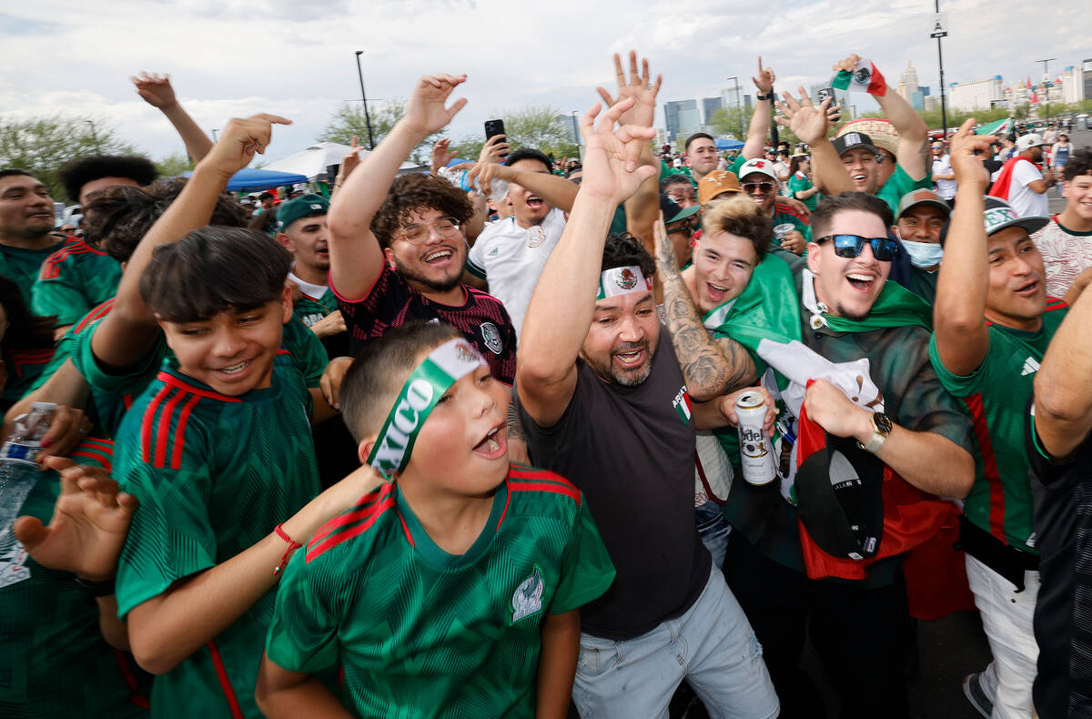 Mexico fans dance outside the Allegiant Stadium, Thursday, June 15, 2023, before a CONCACAF Nat ...