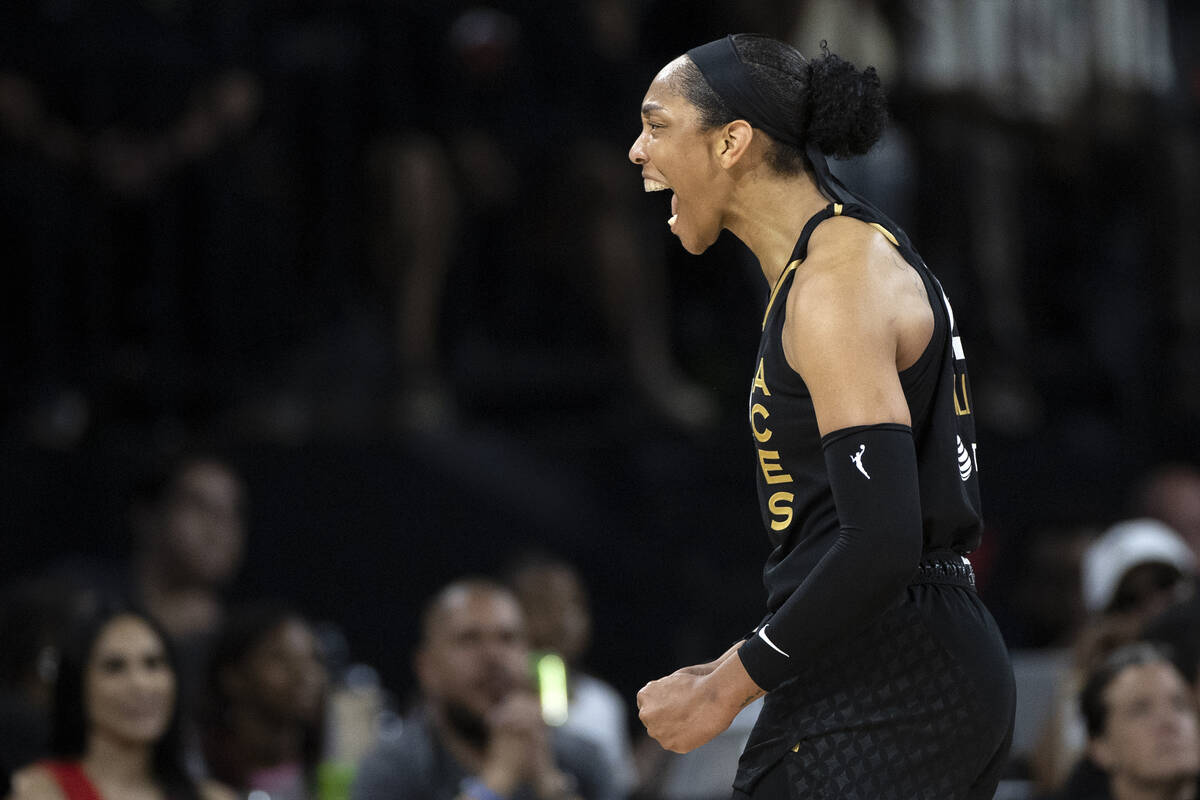 Las Vegas Aces forward A'ja Wilson (22) celebrates after sending the Seattle Storm to a shot cl ...