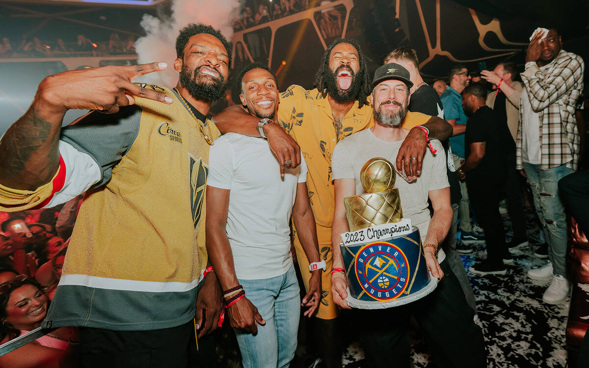 Denver Nuggets players celebrate their NBA championship at Hakkasan Nightclub at MGM Grand on T ...