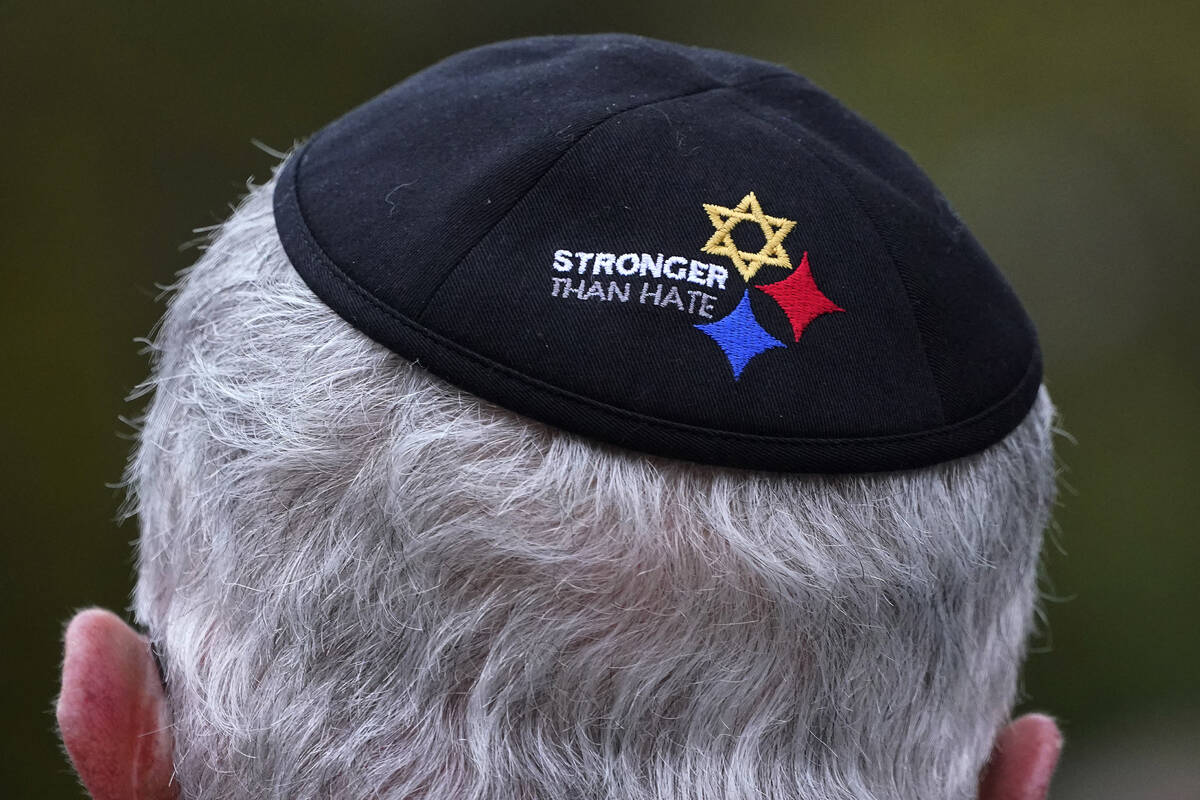 Tree of Life Synagogue Vice President Alan Hausman wears a Stronger Than Hate yarmulke during a ...