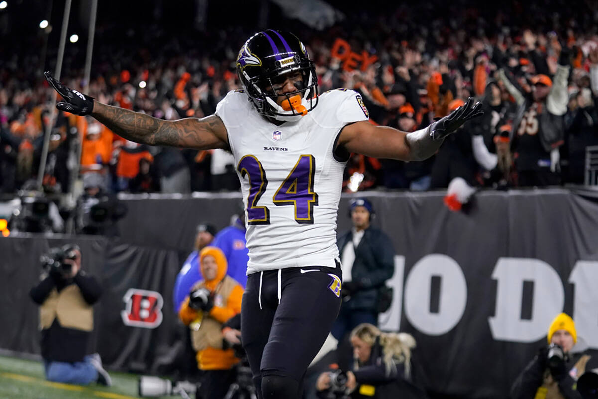 Baltimore Ravens cornerback Marcus Peters reacts to breaking up a pass intended for Cincinnati ...