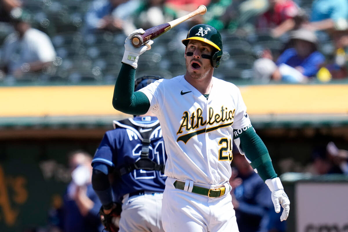 Oakland Athletics' Brent Rooker reacts after striking out during the seventh inning of a baseba ...