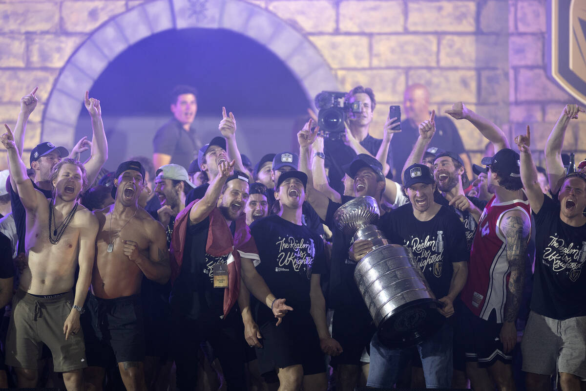 The Golden Knights celebrate their Stanley Cup Final win with a crowd of more than 7,000 outsid ...