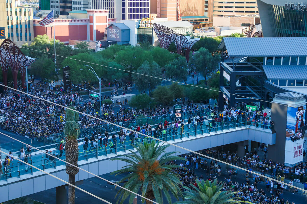Fans gather on Las Vegas Boulevard in and around Toshiba Plaza at the Vegas Golden Knights Stan ...