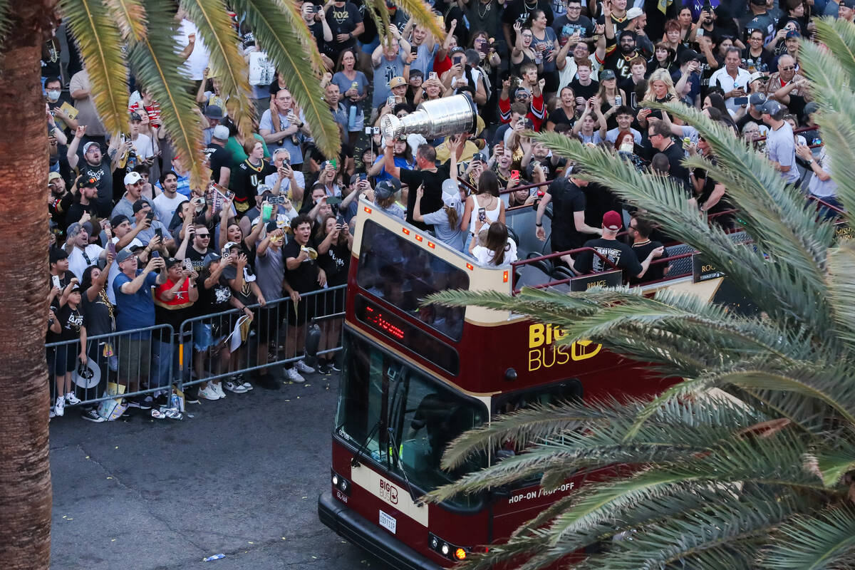 The Stanley Cup is lifted up in front of fans during the Vegas Golden Knights Stanley Cup Champ ...