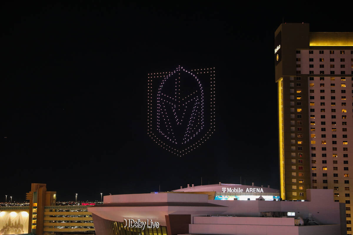A drone light show is displayed above the T-Mobile Arena during the Vegas Golden Knights Stanle ...