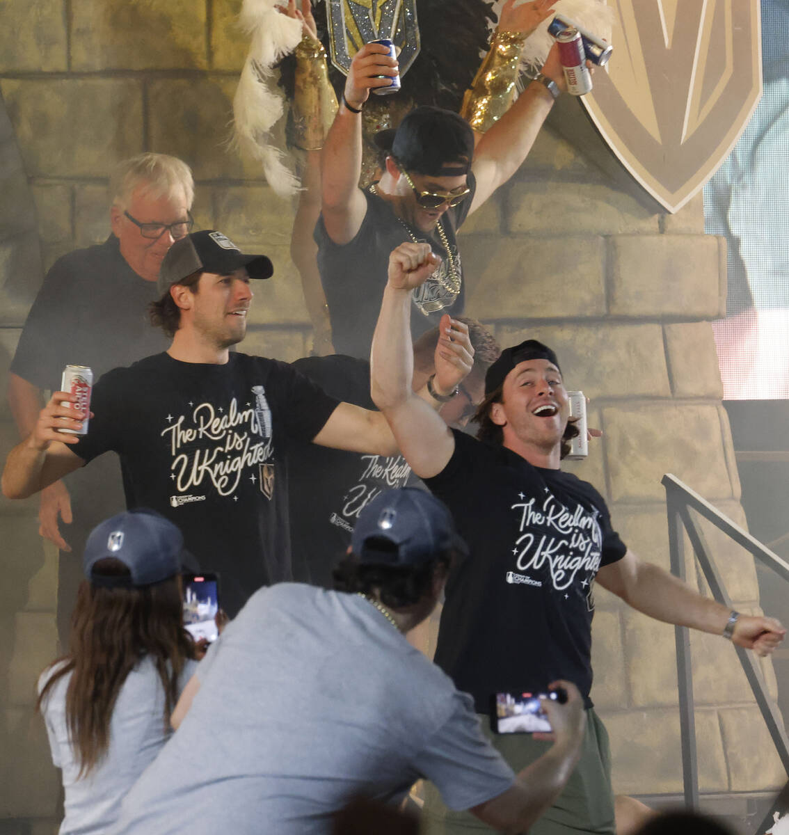 Vegas Golden Knights right wing Jonathan Marchessault, right, celebrates during a rally at Tosh ...
