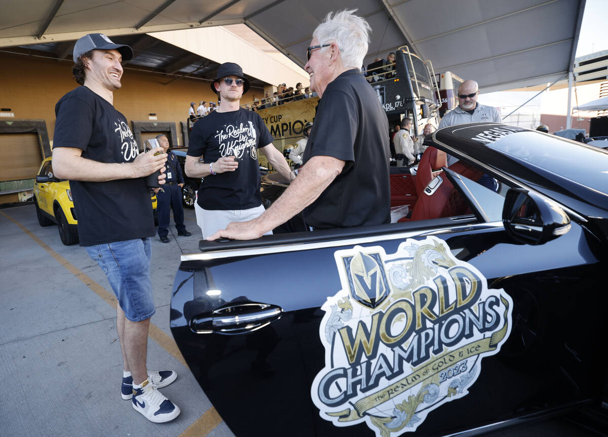 Golden Knights right wing Mark Stone, from left, Golden Knights center Jack Eichel and Golden K ...