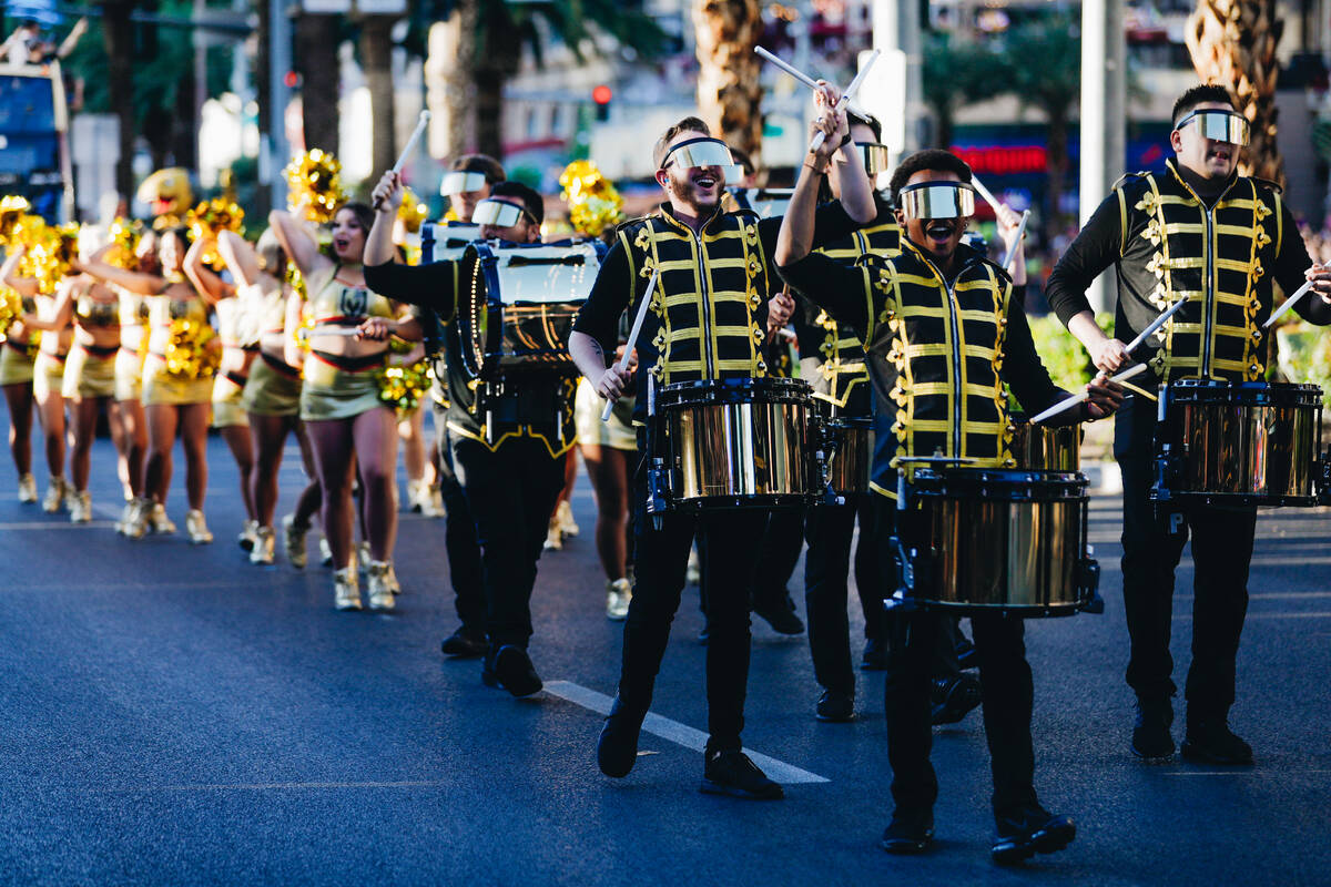 Drummers march on the Stanley Cup championship parade route on Saturday, June 17, 2023, in Las ...