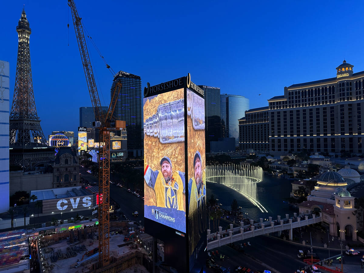 Marquees on the Strip near Flamingo Road celebrate the Golden Knights’ Stanley Cup champ ...