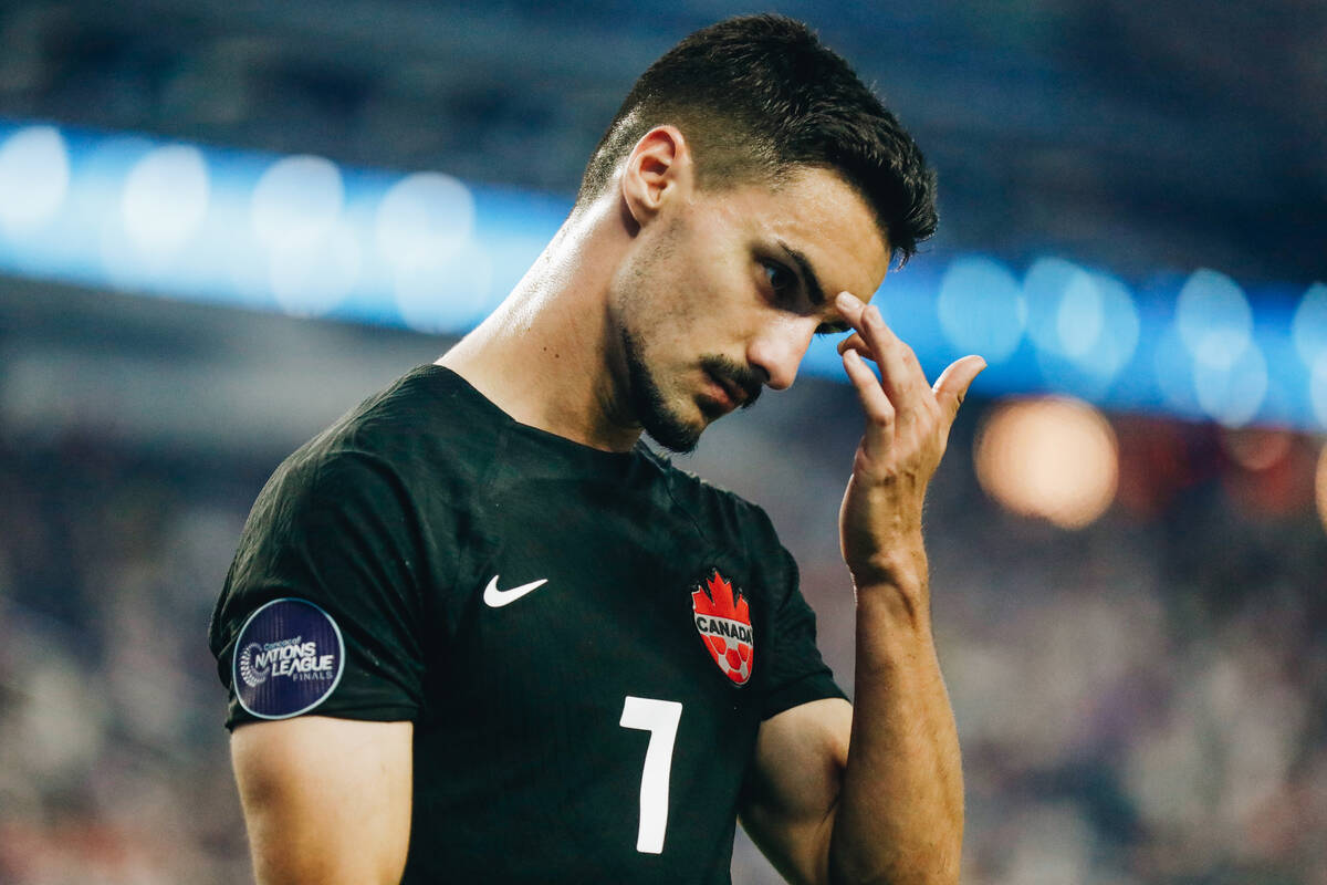 Team Canada’s Stephen Eustaquio reacts to Canada being down 2-0 to Team USA during the C ...