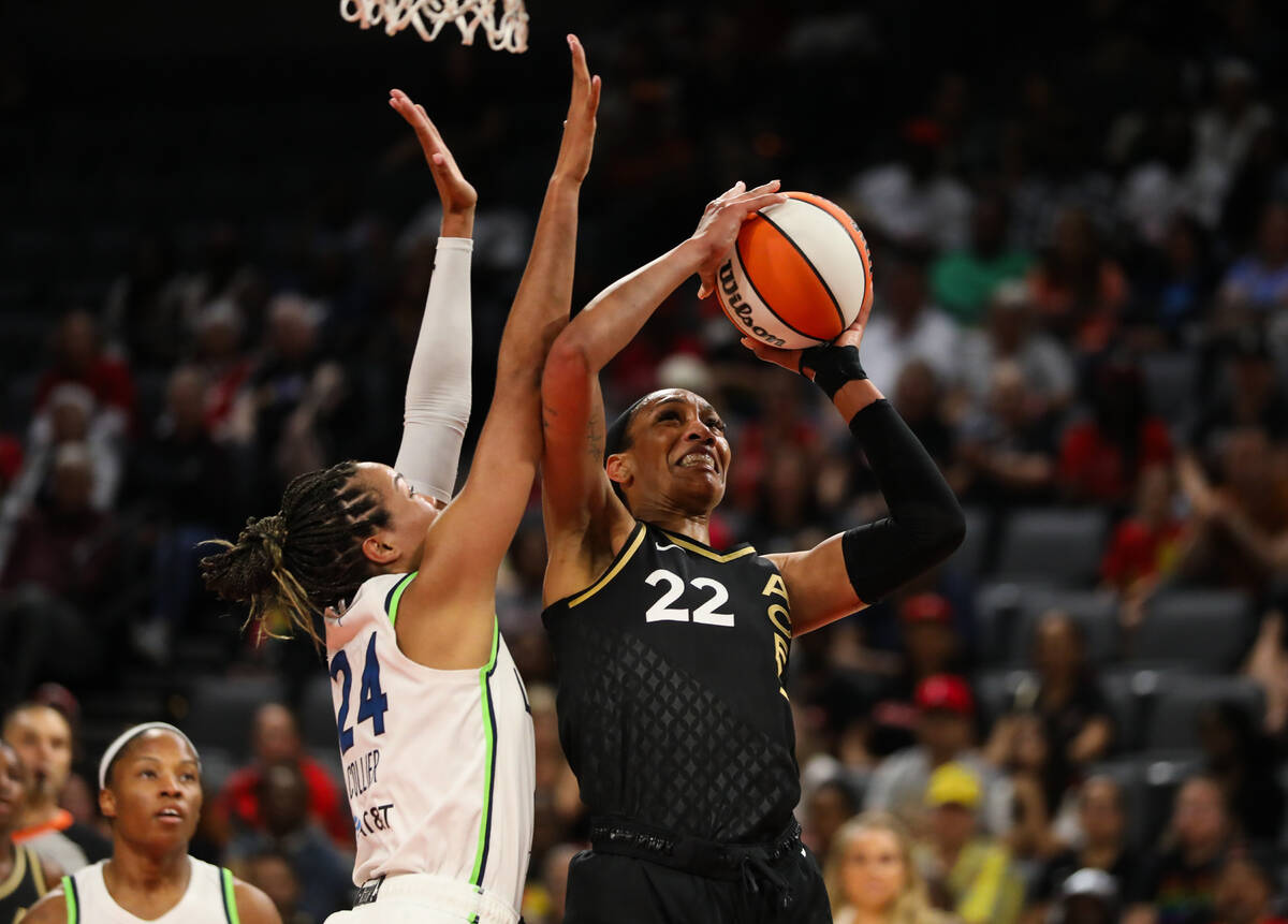 Las Vegas Aces center A'ja Wilson (22) takes a shot during a game against the Minnesota Lynx on ...