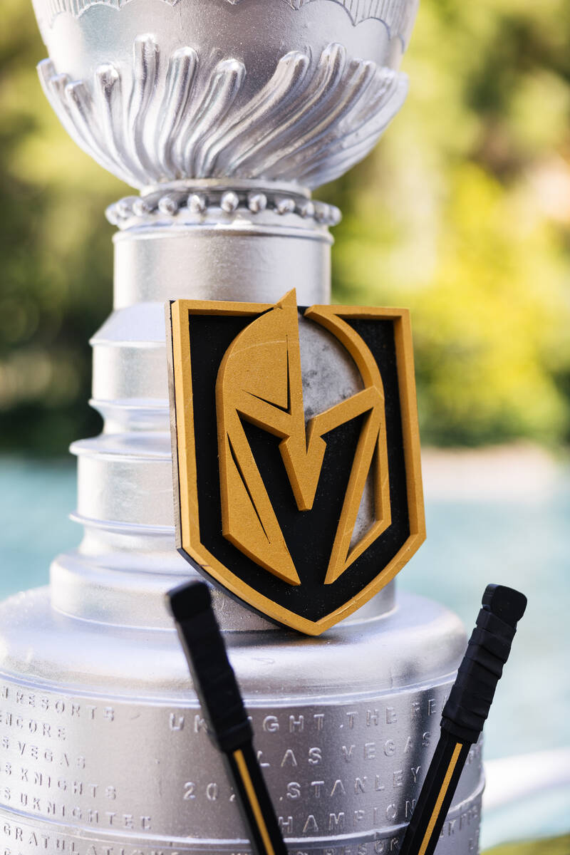 A detail shot of the Golden Knights logo on the chocolate Stanley Cup created by Wynn pastry ch ...