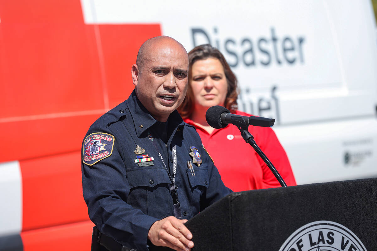 Shon Sauedo, chief of the Fire Investigations Bomb Squad, addresses the media at an event to br ...