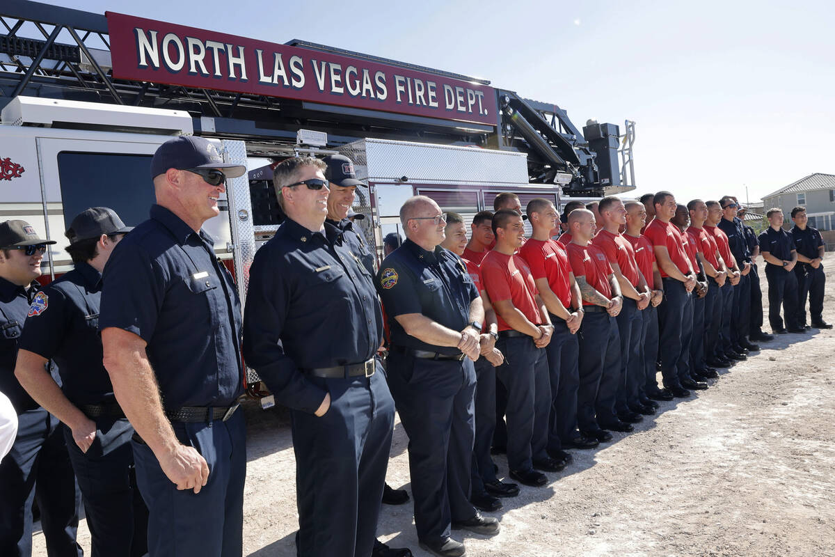 North Las Vegas Fire officials and fire academy students line up during a groundbreaking ceremo ...