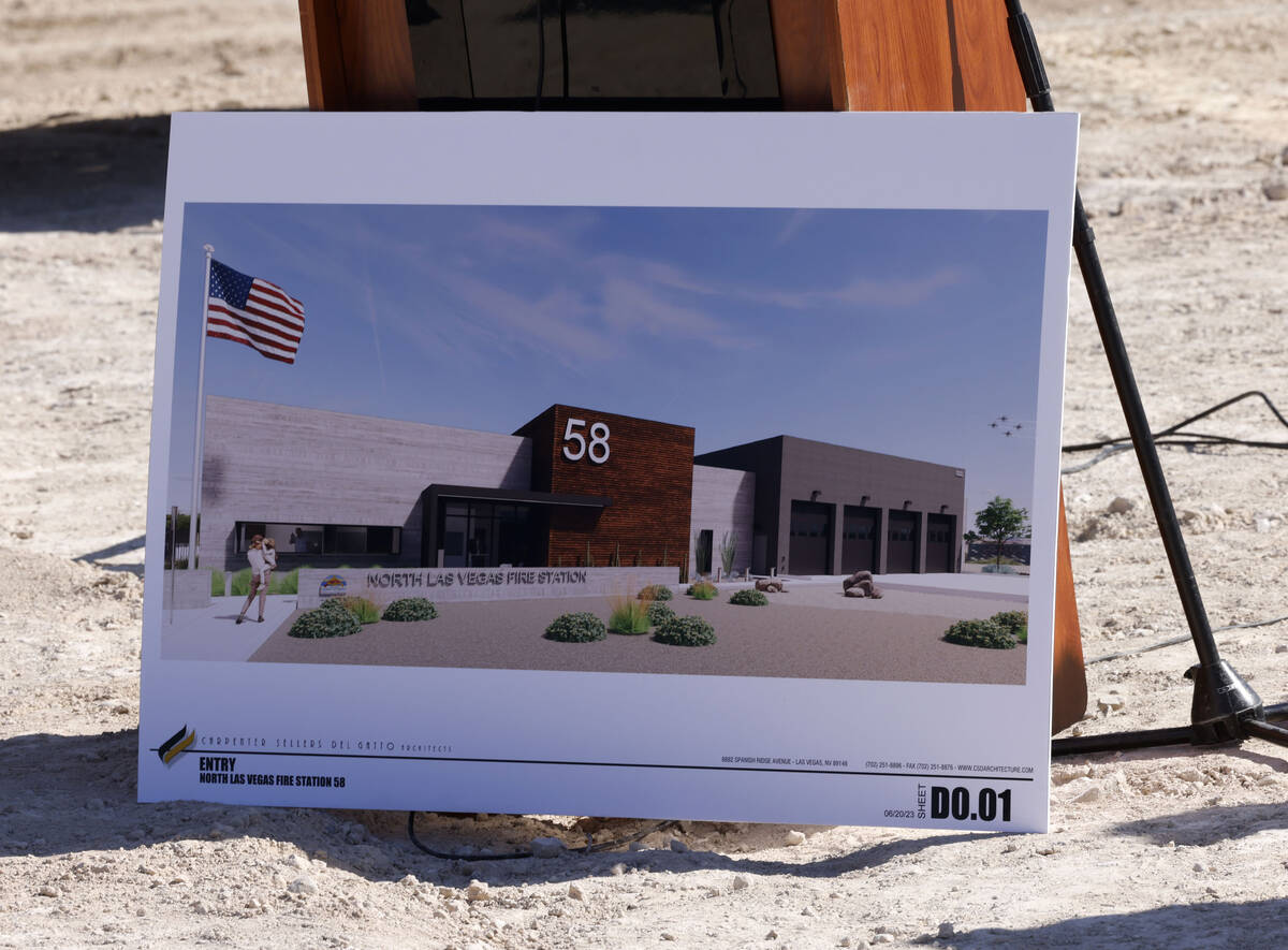 A rendering of a new fire station is seen during a groundbreaking ceremony for a new fire stati ...