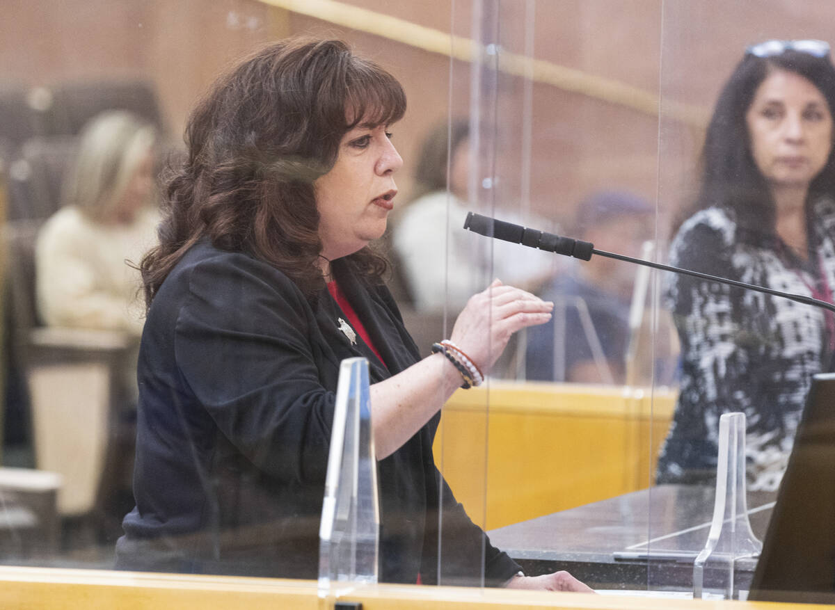 Hilarie Grey, chief executive officer at Animal Foundation shelter, speaks during the Clark Cou ...