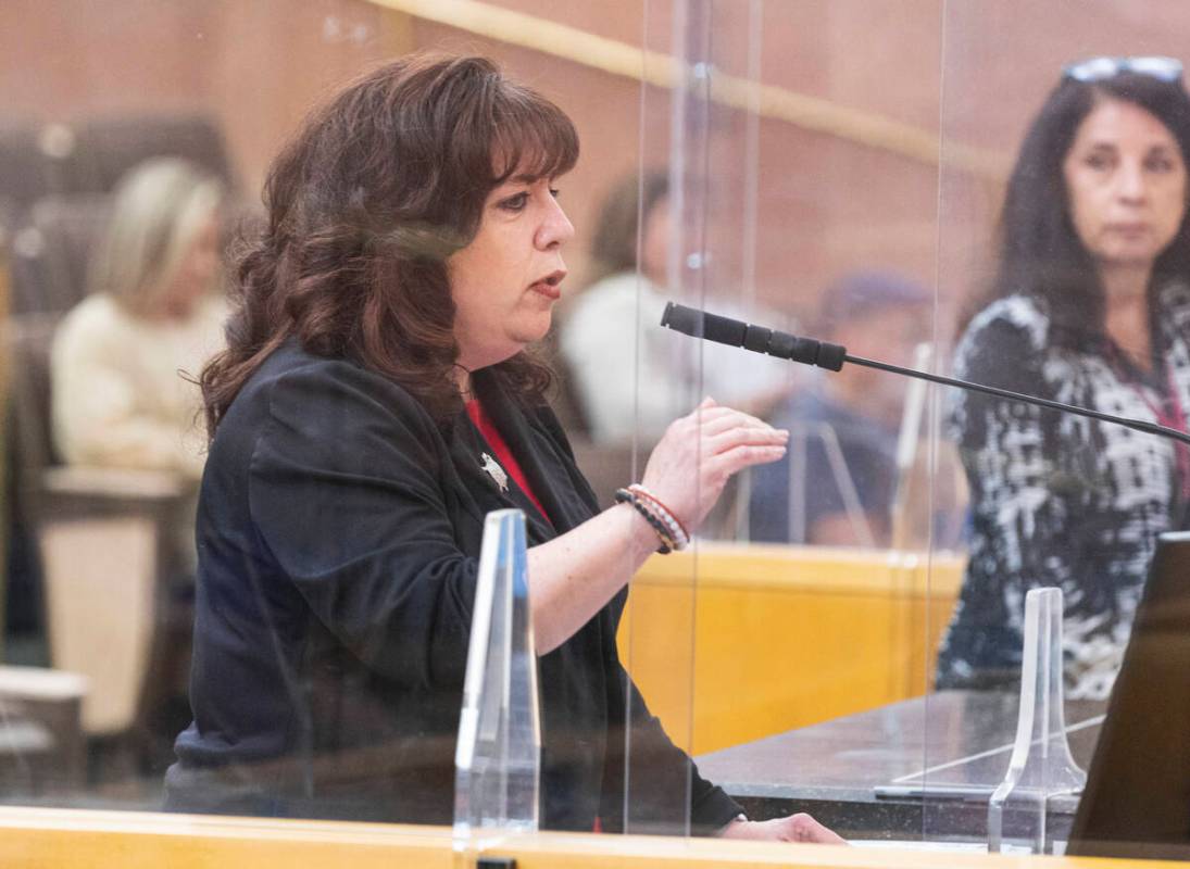 Hilarie Grey, chief executive officer at Animal Foundation shelter, speaks during the Clark Cou ...