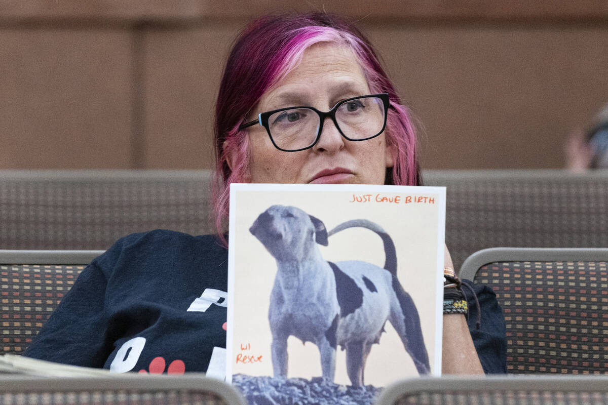 Tracy Paz, who opposes funding The Animal Foundation, holds a photograph of a rescued dog as sh ...