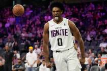 FILE - NBA G League Ignite's Scoot Henderson reacts after scoring against Boulogne-Levallois Me ...