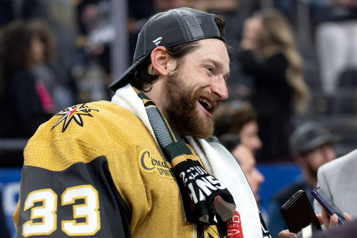 Golden Knights goaltender Adin Hill (33) speaks to the press after winning the Stanley Cup Fina ...