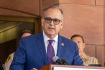 Superintendent Dr. Jesus Jara speaks during a news conference at the CCSD building in May 2023 ...