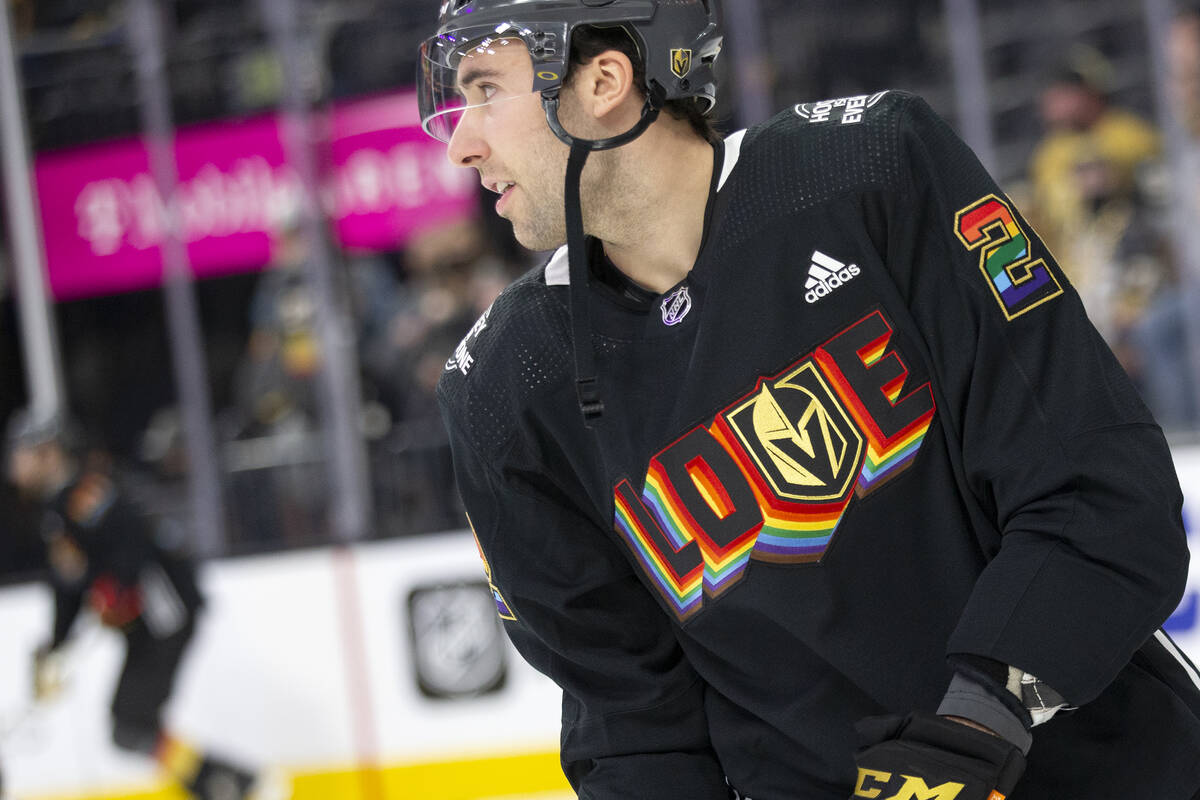 Golden Knights center Michael Amadio (22) wears a Pride Knight jersey during warmups before an ...
