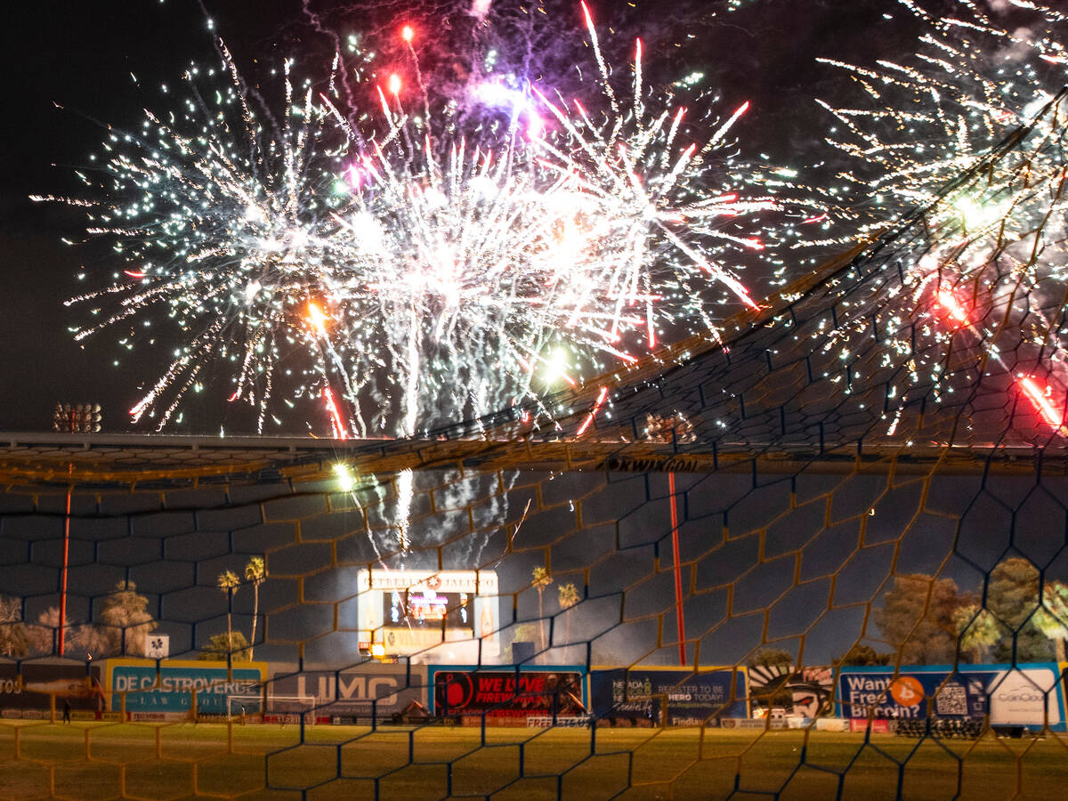 Fireworks explode over Cashman Field following season opening match between the Las Vegas Light ...