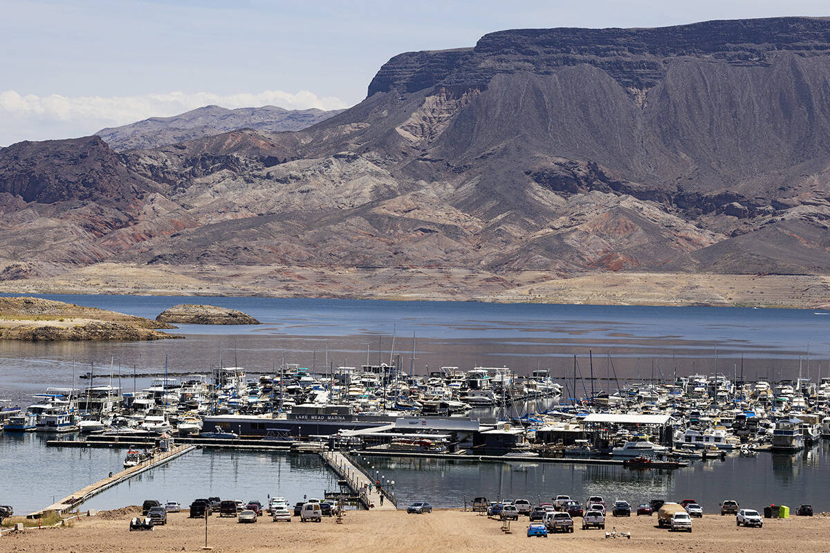 Boats are docked at the Las Vegas Boat Harbor at Lake Mead National Recreation Area on Monday, ...