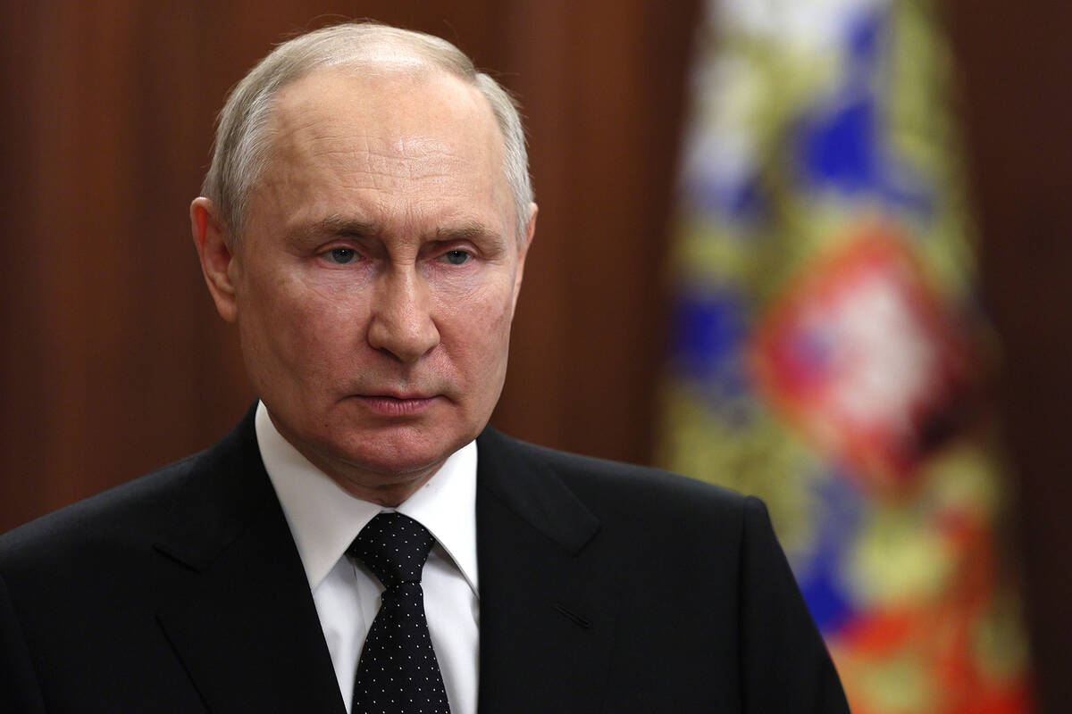 Russian President Vladimir Putin addresses the nation, in Moscow, Russia, Saturday, June 24, 20 ...
