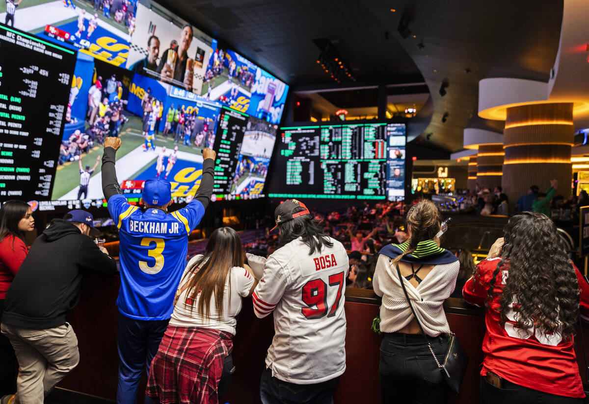 Los Angeles Rams and San Francisco 49ers fans watch the NFC Championship NFL football game at C ...