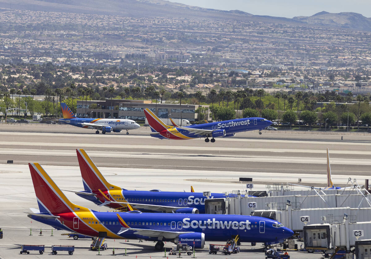 A Southwest Airlines jet takes off from Harry Reid International Airport on Friday, April 21, 2 ...