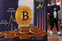 An advertisement for Bitcoin cryptocurrency is displayed on a street in Hong Kong on Thursday, ...