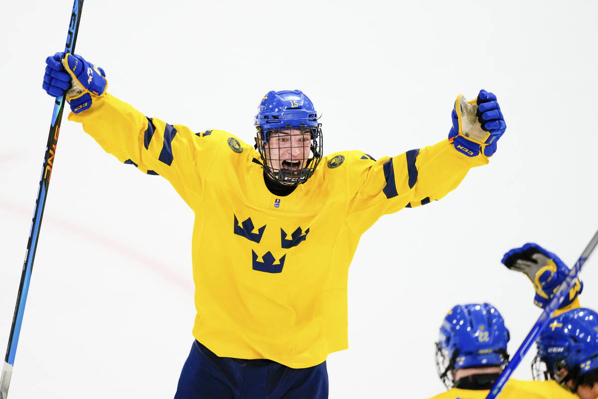 David Edstrom of Sweden celebrating his goal during the semi final of U18 Ice Hockey World Cham ...