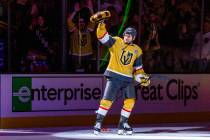 Golden Knights center Ivan Barbashev (49) is celebrated as a player of the game against the Flo ...