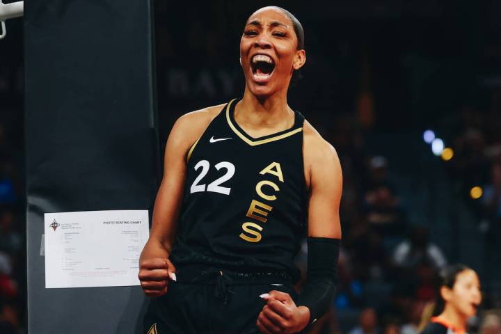Las Vegas Aces center A’ja Wilson celebrates scoring a basket in a game against the Indi ...