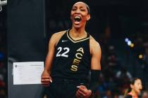Las Vegas Aces center A’ja Wilson celebrates scoring a basket in a game against the Indi ...
