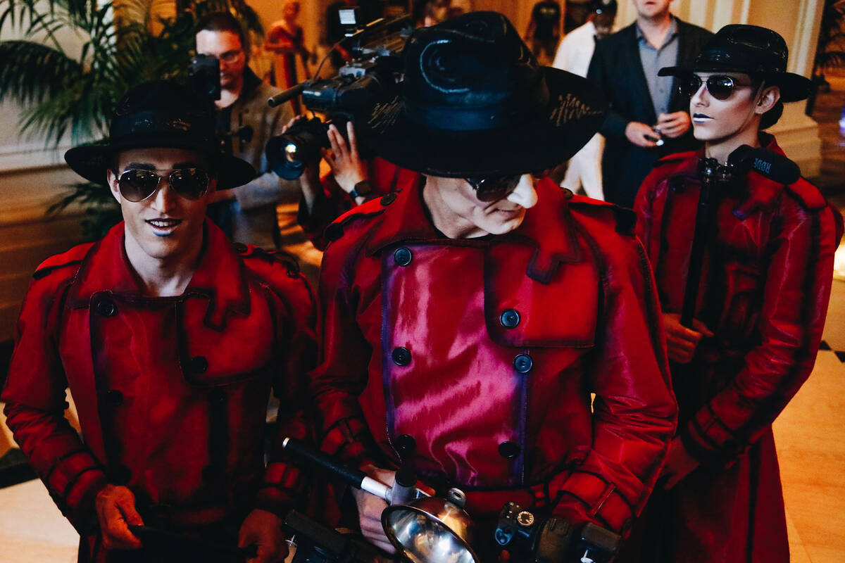 Cast members from “Michael Jackson ONE” wait to perform for Mandalay Bay guests a ...