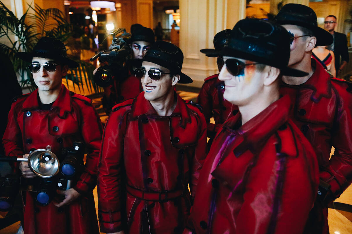 Cast members from “Michael Jackson ONE” wait to perform for Mandalay Bay guests a ...