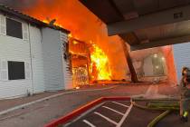 Burned apartments are seen at the Tides on Charleston, Tuesday, June 6, 2023, in Las Vegas. (La ...