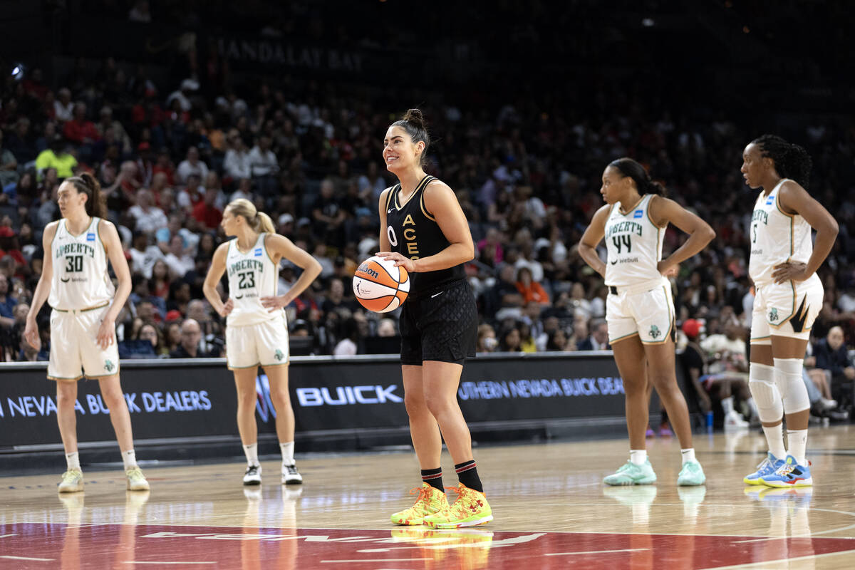 Las Vegas Aces guard Kelsey Plum (10) prepares to shoot a free throw after the New York Liberty ...