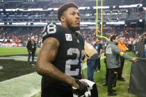 Raiders running back Josh Jacobs leaves the field after a loss to the Kansas City Chiefs in an ...
